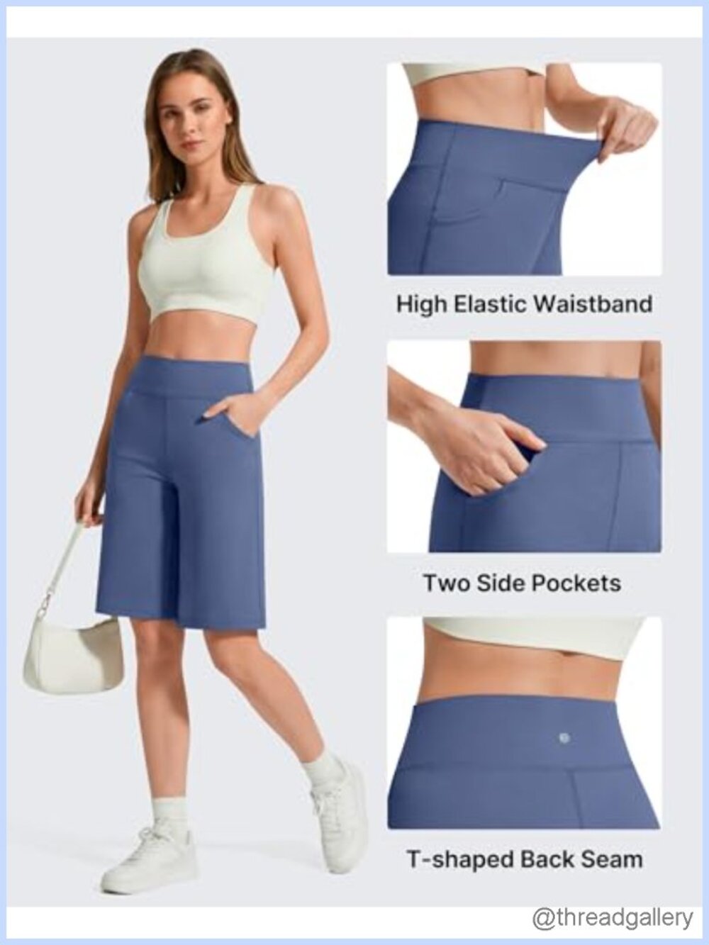 High Rise Bermuda Shorts 10" Inseam Slash Pockets Drawstring - Picture 3 of 6